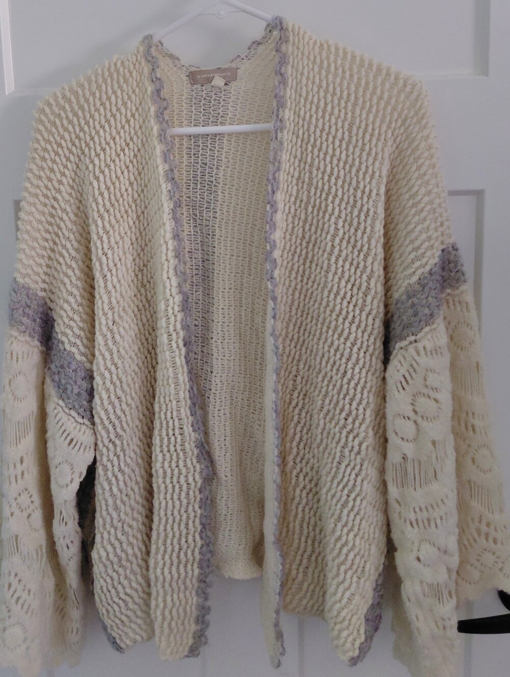 Anthropologie Cream Cardigan with Light Gray Trim One Size Boho Cottagecore